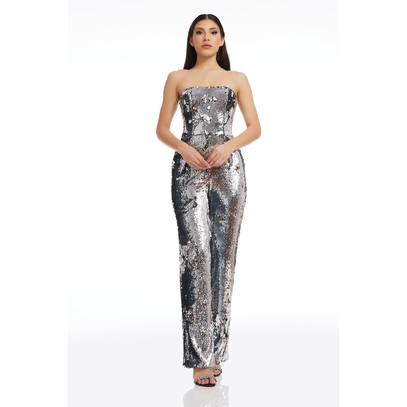 Dress The Population Women's Andy Sequin Strapless Jumpsuit Silver Size M Nwt